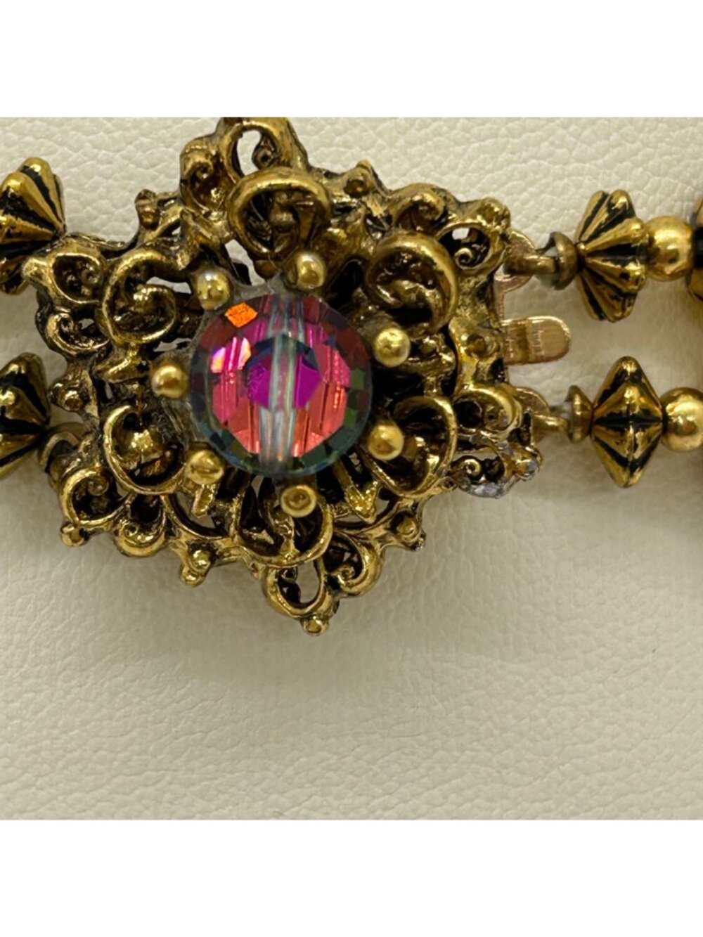 Vintage 1950s Double Strand Gold Rosette Aurora Borealis AB Crystal Bracelet - Picture 3 of 11